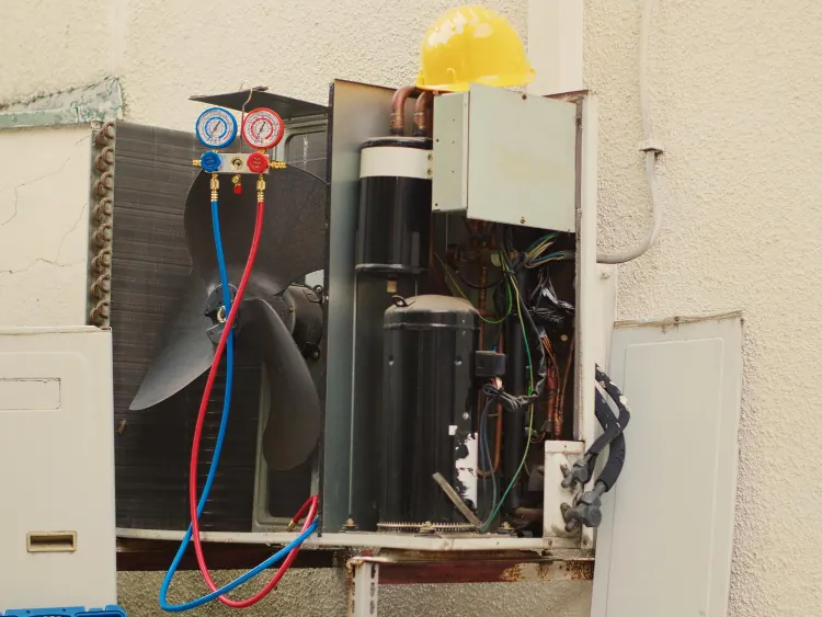 Freshwind AC Service technician checking AC gas refilling pressure in Greater Noida