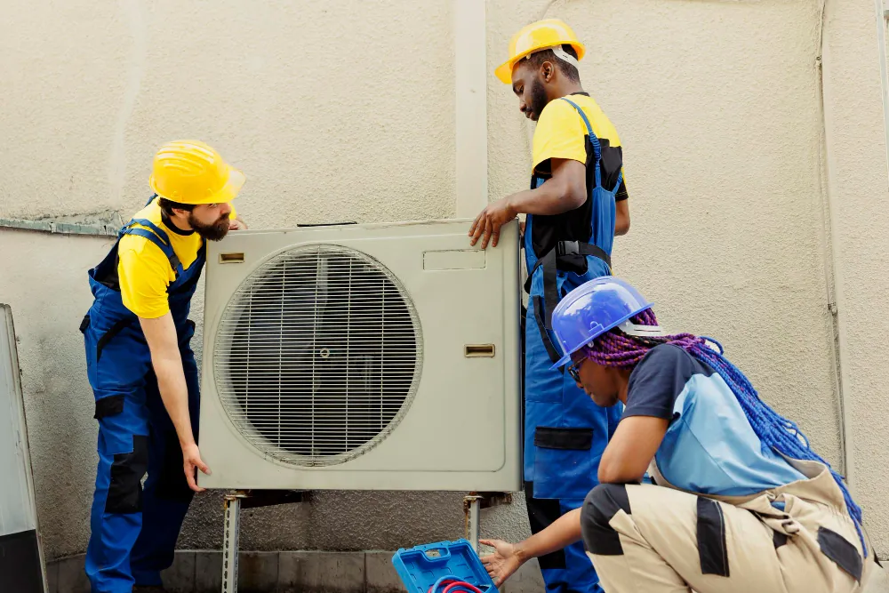 Freshwind AC Service technicians installing an outdoor AC unit for a customer in Greater Noida