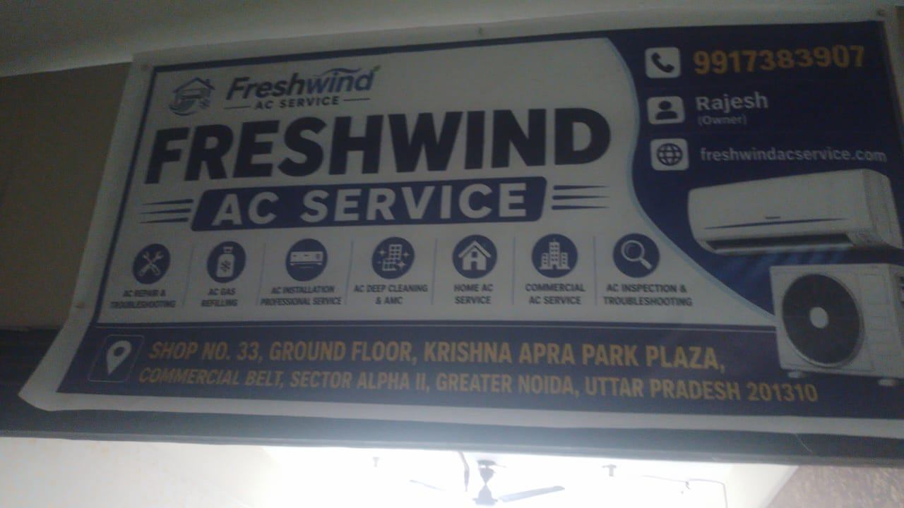 Freshwind AC Service storefront signboard at Krishna Apra Park Plaza, Greater Noida